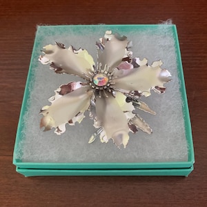 Large Silvertone Flower Pin or Brooch With Ruffled Edge and Aurora Borealis Rhinestone. Big Silver Flower Pin. Mid-Century Jewelry.