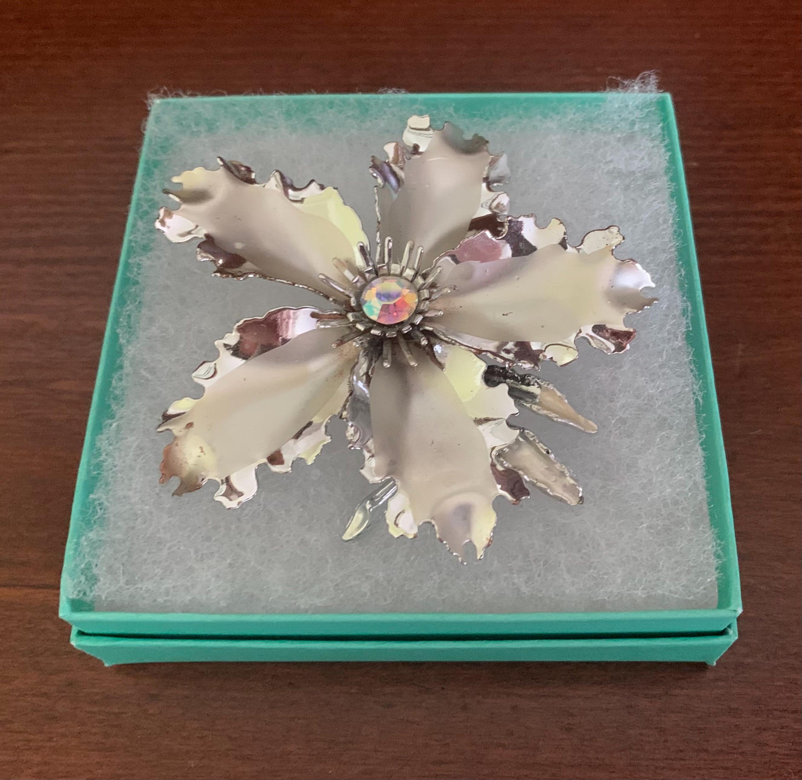 Large Silvertone Flower Pin or Brooch With Ruffled Edge and Aurora Borealis Rhinestone. Big Silver Flower Pin. Mid-Century Jewelry.