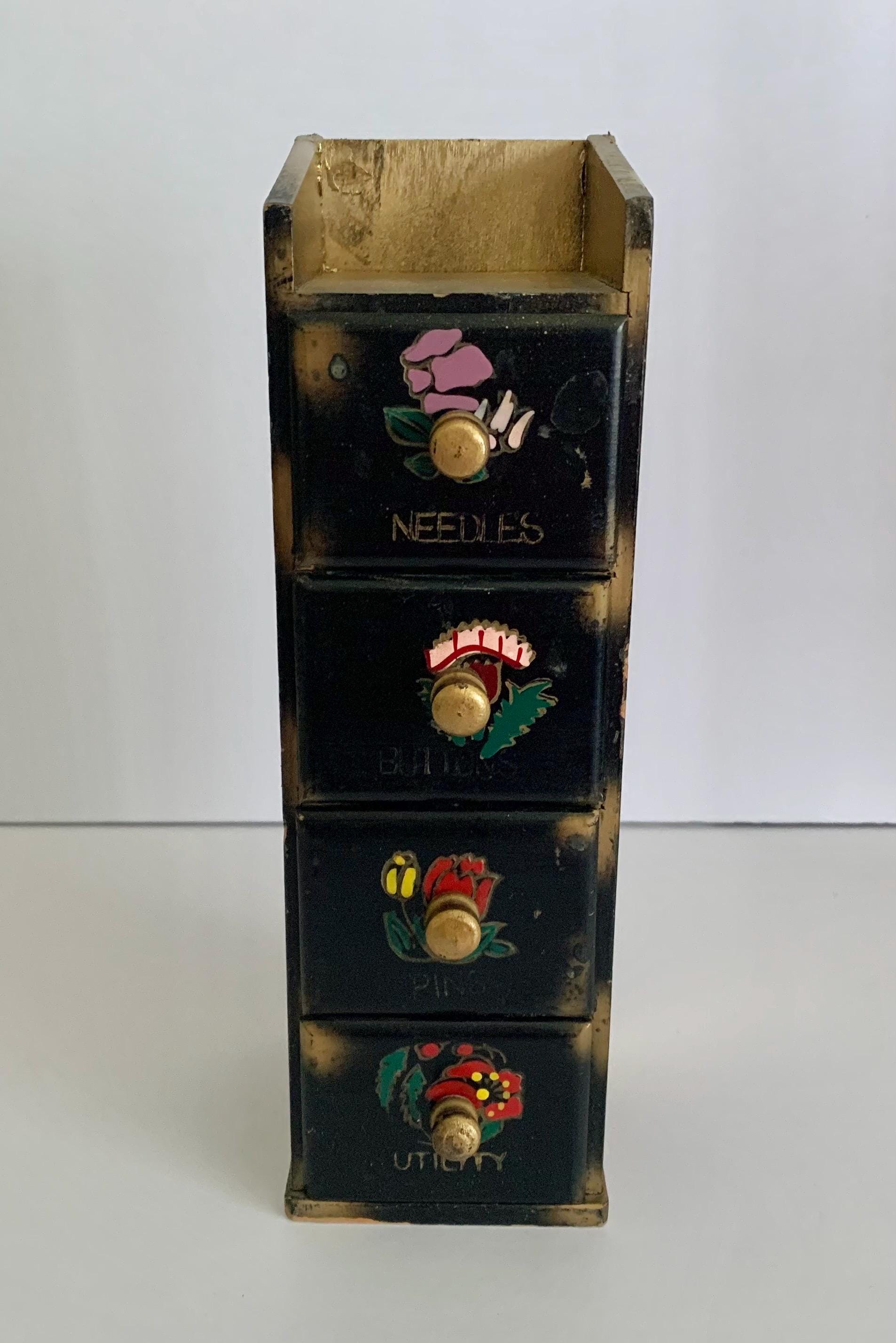Hand-Painted Wood Sewing Drawer Storage Mini-Cabinet. 4 Drawer Black & Gold Floral Storage Cabinet. Sewing Decor Accessories.