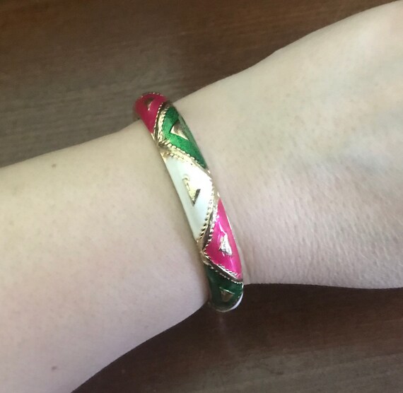 Vintage Enamel Bangle Bracelet and Clip Earring Set Kelly Green Turquoise White