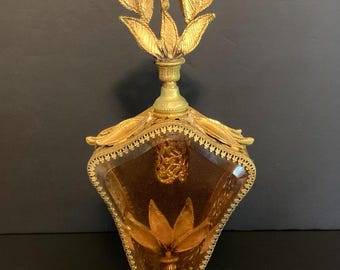 Vintage Gold Ormolu Amber Beveled Glass Perfume Bottle With Dauber. As Is Condition.