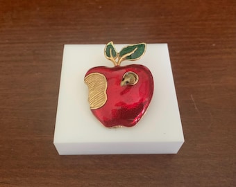 Apple Brooch Pin With Worm Goldtone With Red and Green Enamel.