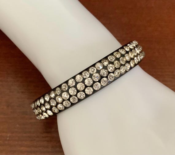 Vintage Black Celluloid With Clear Rhinestones Ba… - image 4