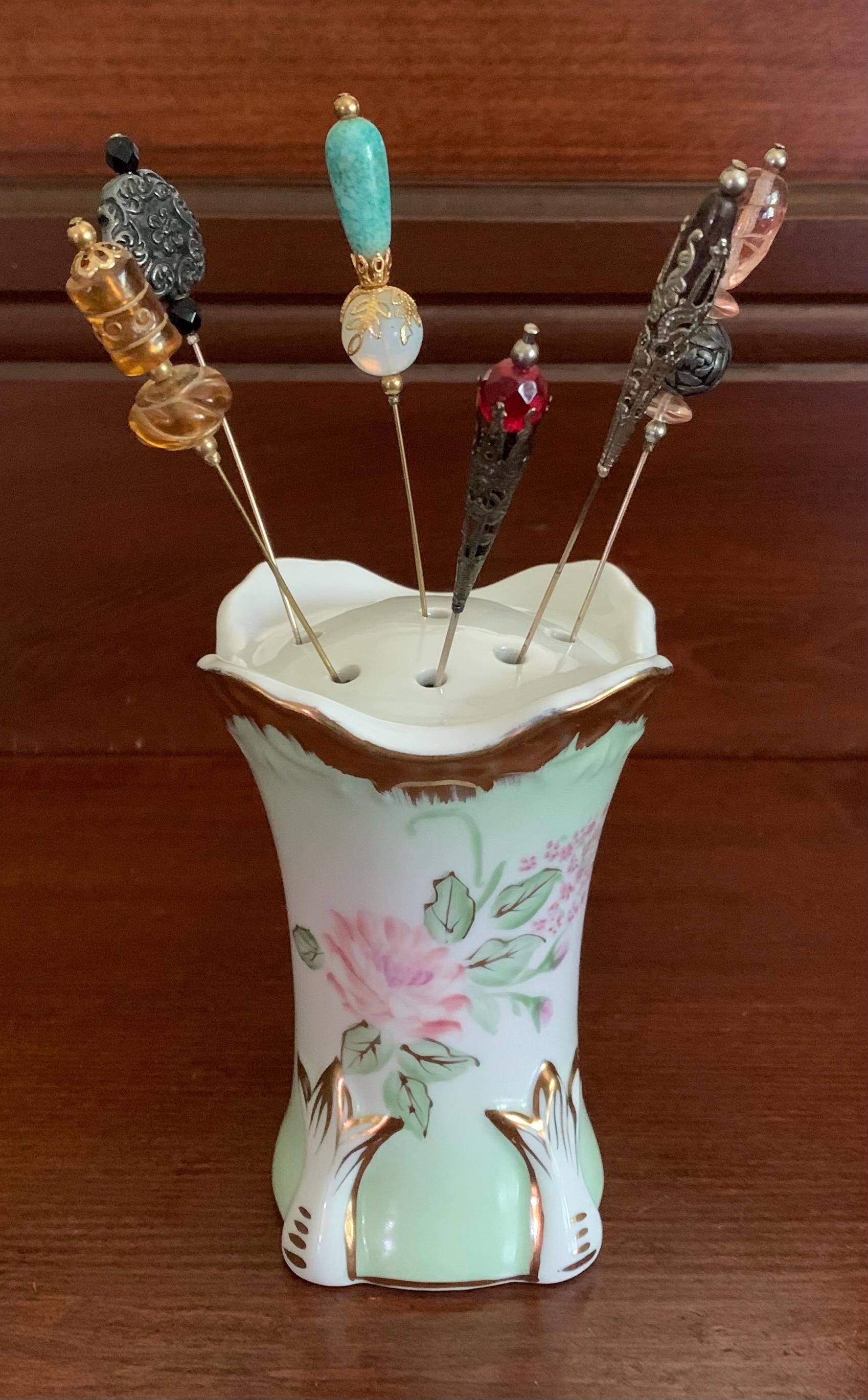Antique Limoges Hat pin holder + hat pins Antique Victorian Limoges France Hand Painted Porcelain Hat  main image 2