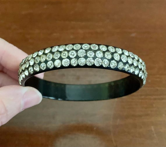 Vintage Black Celluloid With Clear Rhinestones Ba… - image 13
