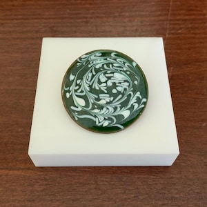Vintage Green and White Enamel Over Copper Circular Brooch Pin-Swirled Spatter Design. Enamel Over Copper Jewelry.