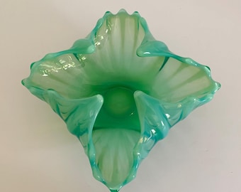 Vintage MCM Fostoria Heirloom Square Florette Green Opalescent Glass Bowl.