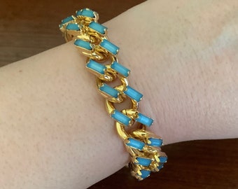 Carolee Blue Baguette Rhinestones Goldtone Curb Chainlink Bracelet New Unworn/With Original Tag. 7 1/2 Inches Long. Carolee Jewelry.