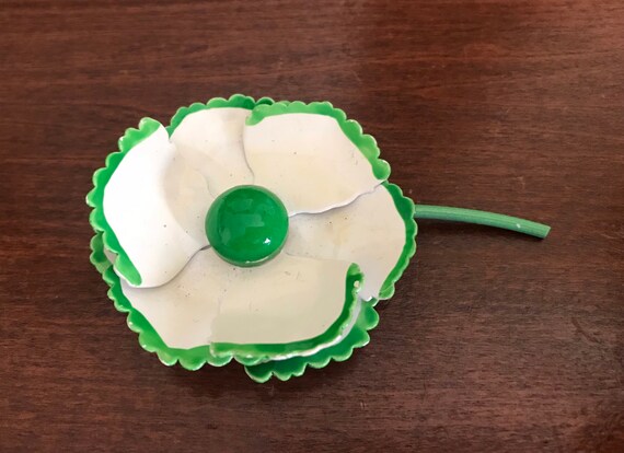 White With Green Enamel Poppy Brooch Pin. Large F… - image 1