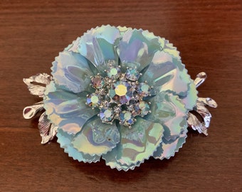 Light Blue Iridescent Enamel Large Silvertone Flower Brooch Pin With Aurora Borealis Rhinestones. Large Blue Flower Pin. Mid-Century Jewelry