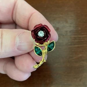 Small Red Enamel Rose Goldtone Pin With Rhinestones. Figural Rose Pin.