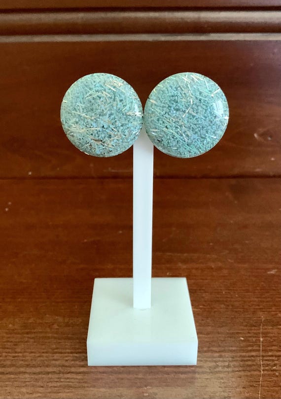 Vintage Blue Confetti Lucite Clip-On Earrings. Light Blue Confetti Lucite Silver Confetti Clip-Ons. Mid-Century Lucite Jewelry.