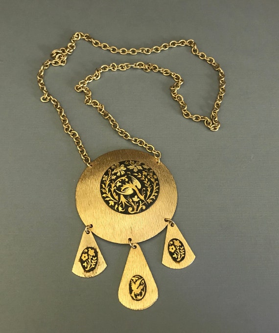 Goldtone Damascene Necklace With Floral Bird Desig