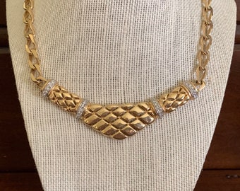 Goldtone Basketweave V-Bib Curb Chainlink Crystal Rhinestone Necklace. Signed Puccini/Keyes. Nice Quality Necklace.