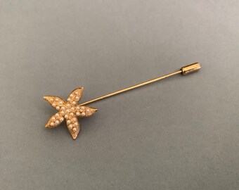 Starfish Goldtone  and Seed Pearl Stick Pin. Beach Theme Jewelry. Cute Starfish Stick Pin.
