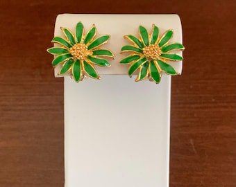 Vintage Green Enamel Goldtone Flower Clip-On Earrings. Bright Green Enamel Flower Clip-Ons.