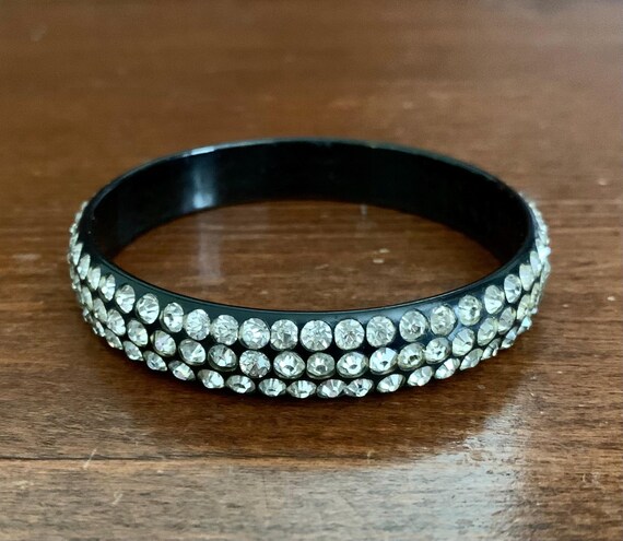Vintage Black Celluloid With Clear Rhinestones Ba… - image 2