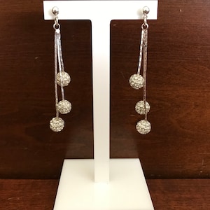 Crystal Rhinestone Shambala Bead Silvertone Chainlink Long Dangle Earrings. Long Chain Dangle Pierced Earrings. Shambala Bead Jewelry.