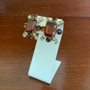 Goldtone Rootbeer Brown and Champagne Rhinestone Turtle Shaped Clip-On Earrings. Figural Turtle Rhinestone Clip-Ons.