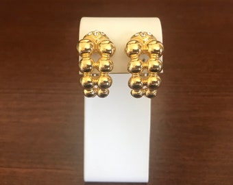 Mirrored Goldtone Wide Half Hoop Clip-On Earrings With Crystal Rhinestone Accents. Wide Goldtone Hoop Clip-Ons. Statement Earrings.