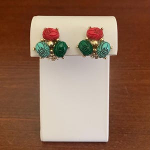 Vintage Scarab Goldtone Clip-On Earrings. Red, Green, Turquoise Blue Scarab Clip-Ons. Scarab Jewelry.