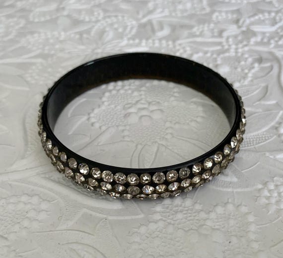 Vintage Black Celluloid With Clear Rhinestones Ba… - image 9