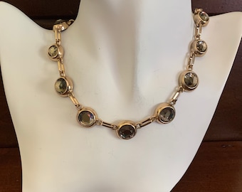 Smoke Gray Rhinestone Goldtone Oval Chainlink Choker Necklace. Coldwater Creek Adjustable Length 16-24 Inch Necklace.