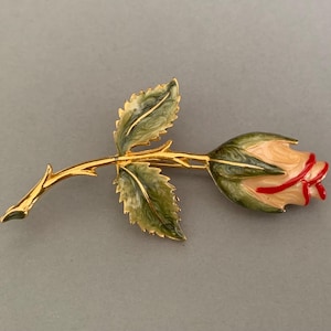 Pink and Red Enamel Goldtone Figural Rose Brooch Pin. Enamel Rose Pin. Valentine’s Day Gift.