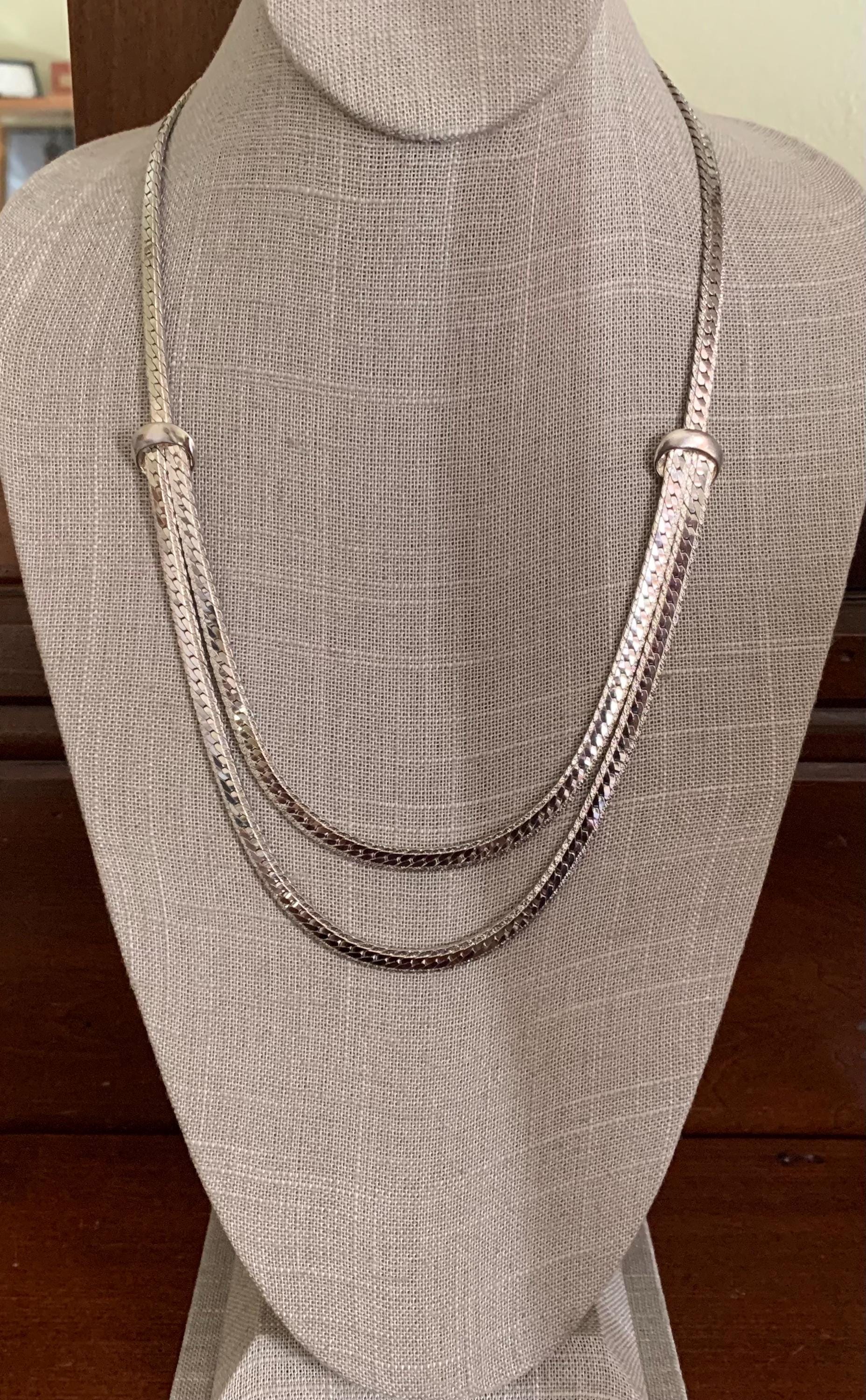 Vintage Silvertone Herringbone Chainlink Necklace-Double Chain Bib Front. 23 Inches Long.
