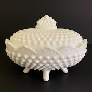 Vintage Fenton White Milk Glass Hobnail Oval Lidded Candy Dish With Feet and Scallop Edge. Collectible Fenton. MCM Kitchen Decor.