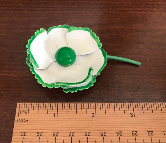 White With Green Enamel Poppy Brooch Pin. Large F… - image 3