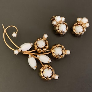 Vintage White Milk Glass Rhinestone Goldtone Floral Brooch and Clip Earrings Set.