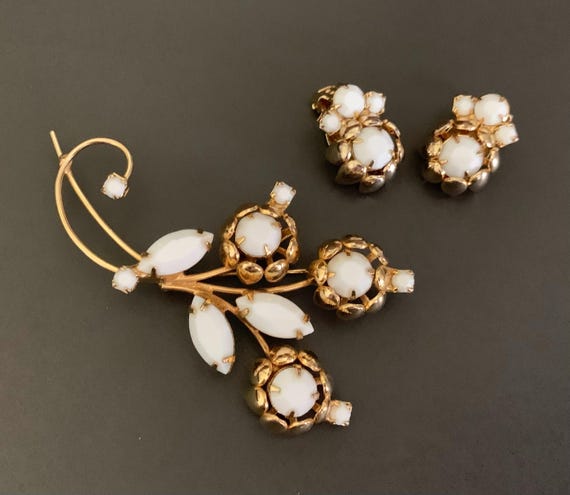 Vintage White Milk Glass Rhinestone Goldtone Floral Brooch and Clip Earrings Set.