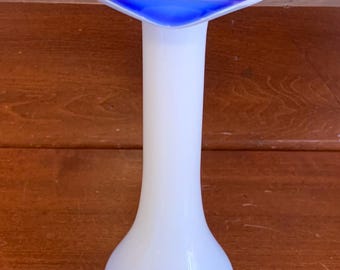 Vintage Blue and White Cased Jack in the Pulpit Hand-Blown Bud Vase. 8 Inches Tall.