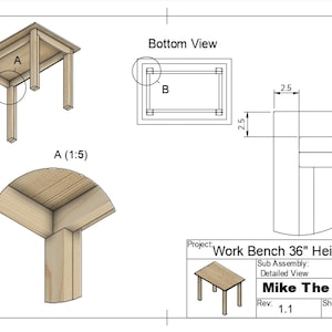 May include: A detailed drawing of a work bench with dimensions labeled in inches. The drawing shows the bottom view of the bench, as well as a detailed view of the corner joint. The drawing is titled "Work Bench 36" Height" and is labeled "Mike The Maker" with a revision number of 1.1 and a sheet number of 10/10.