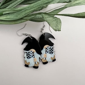 Gnome with checkered flag earrings great for racing fans nascar indy 500 dirt track sprint cars