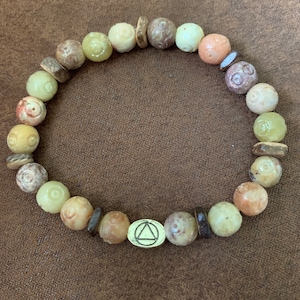 Soapstone Recovery Beaded Bracelet with wood accents and gold tone recovery bead
