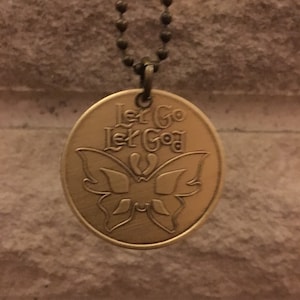 Let Go, Let God AA token chip women or men's recovery necklace with butterfly, serenity prayer.