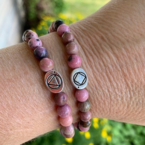 Womens Beaded AA or NA recovery bracelet pink rhodonite sponsor gift