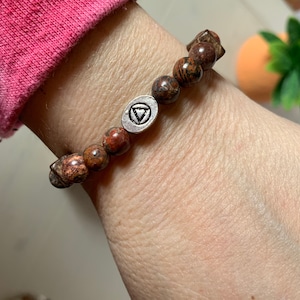 Leopard jasper wood accent recovery sobriety bracelet with choice of Alcoholics Anonymous or Narcotics Anonymous bead