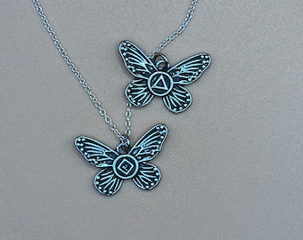 Butterfly AA or NA pendant necklace for women in recovery sobriety Alcoholics Anonymous narcotics anonymous