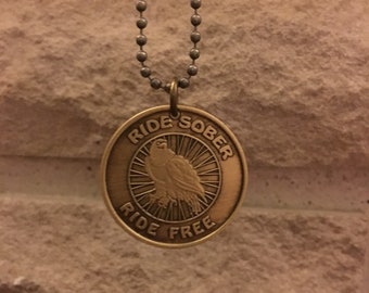 AA token coin pendant Ride Sober, Ride Free eagle, motorcycle recovery