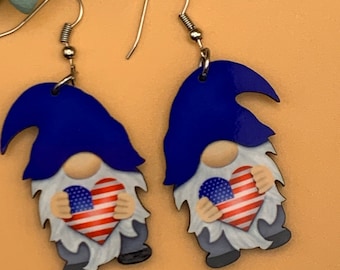 Red, white, and blue American flag gnome earrings