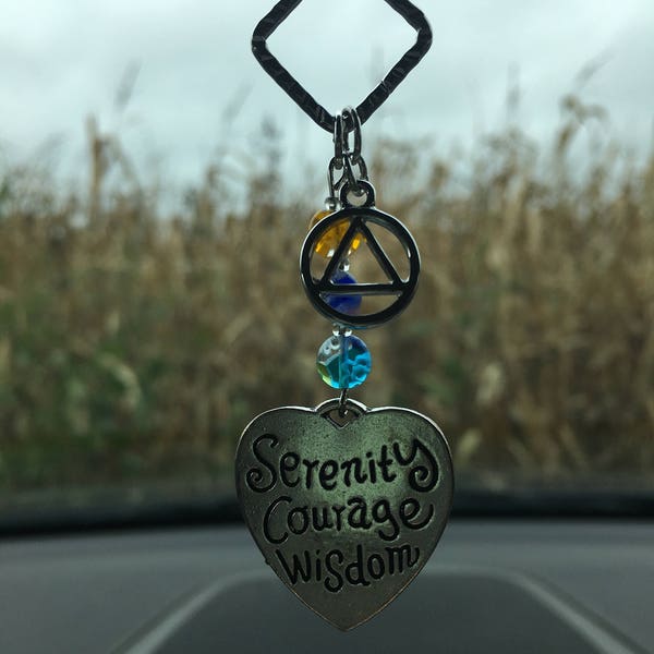 Serenity, Courage, Wisdom heart car charm with Alcoholics Anonymous or Narcotics Anonymous symbol, recovery gifts, sobriety gifts, sober af