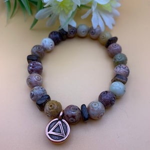 Soapstone AA Alcoholics Anonymous bronze charm beaded bracelet with wood accent beads