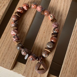 Leopard jasper wood accent recovery bracelet with copper sobriety charm Alcoholics Anonymous