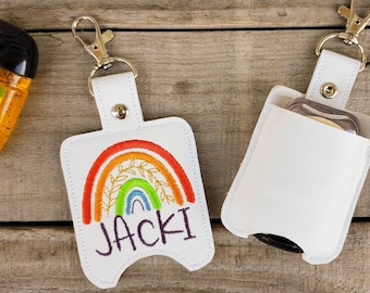 Personalized Boho Rainbow Hand Sanitizer Holder, bohemian whimsy backpack clip, rustic farmhouse hand cleaner keychain