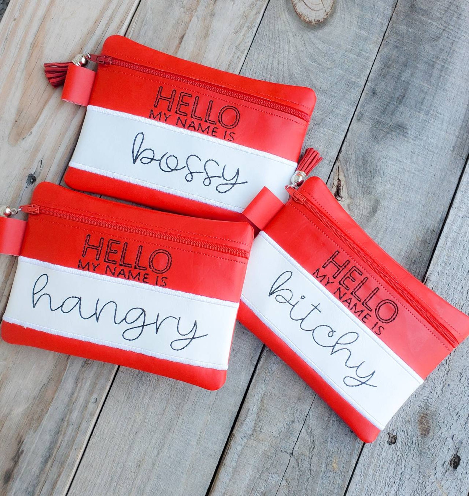 Hello My Name is Pouch Name Tag Bag Bossy Bitchy Hangry Etsy