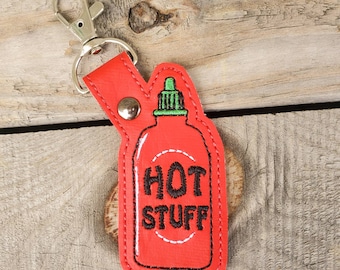 Hot Stuff Keychain, Sriracha backpack charm, hot sauce zipper pull