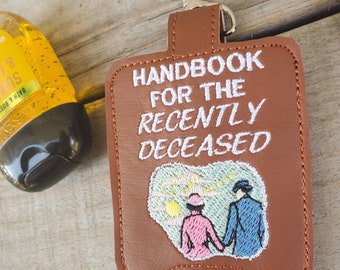 Handbook For The Recently Deceased Sanitizer Holder, book backpack charm, Halloween zipper pull, Beetlejuice Sani